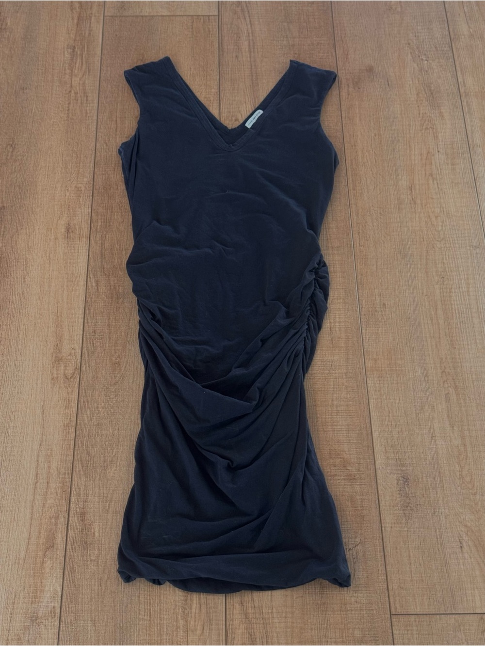 James Perse Standard Black Ruched V-Neck Bodycon Midi Dress Size 3 Large